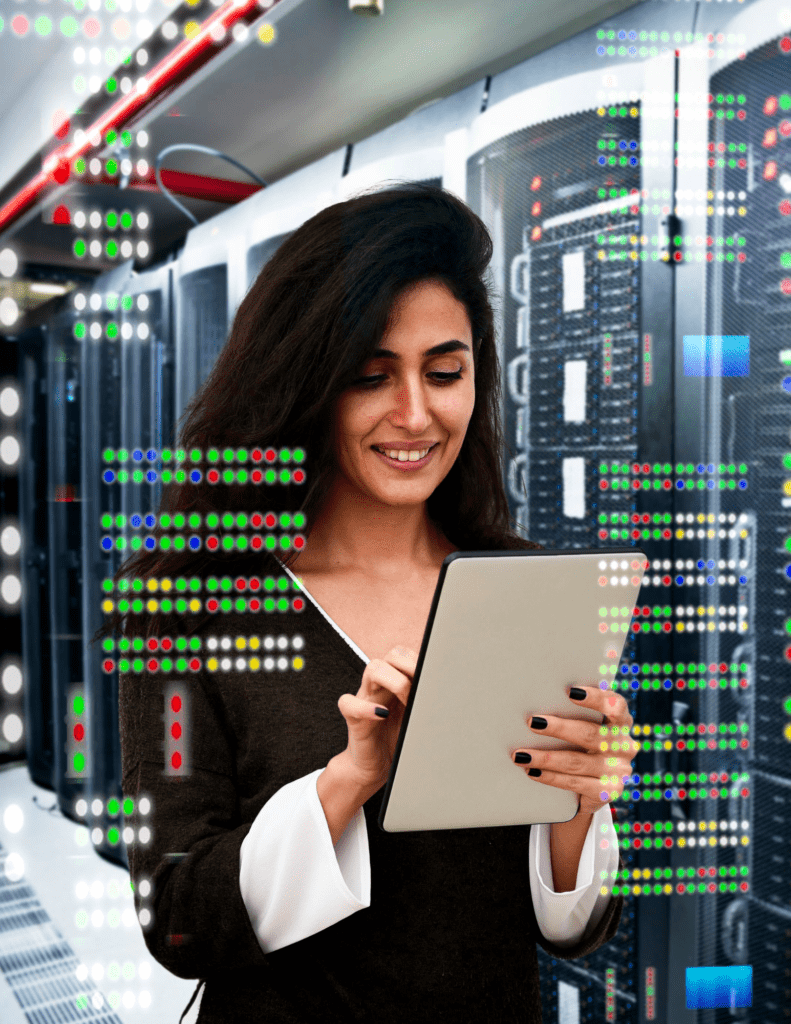 A woman on a tablet in a data center surrounded by small, red, green, blue, red, and yellow dots.