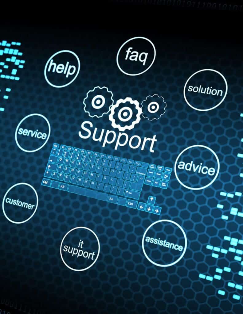 The word "support" above a touchscreen keyboard surrounded by menu options on a blue screen.