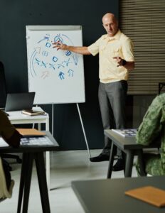 A man in a yellow shirt holds gestures toward a whiteboard with arrows and other symbols drawn on it.