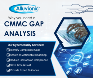 Graphic by Alluvionic promoting a CMMC Gap Analysis service, featuring a checklist of benefits and an image of hands typing on a keyboard surrounded by digital icons.