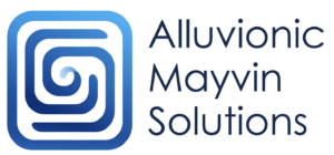 Alluvionic Mayvin Solutions logo featuring a stylized blue spiral icon alongside the company name in bold, modern typography.