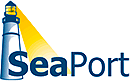 SeaPort logo featuring a lighthouse with a bright yellow beam of light and the word "SeaPort" in blue text.