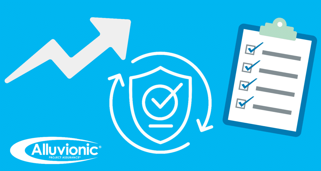Blue background featuring a rising arrow, a shield with a check mark, circular arrows, and a checklist clipboard. Conveys growth and assurance.
