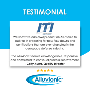 "Blue and white testimonial image with text praising Alluvionic's knowledge and responsiveness in aerospace defense. Includes logos of ITI Engineering and Alluvionic, plus five stars."