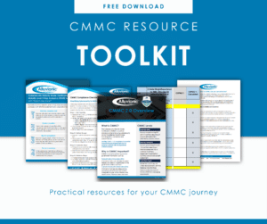 Free download of CMMC Resource Toolkit by Alluvionic. Image shows various pages highlighting CMMC 2.0 overview and compliance checklists.