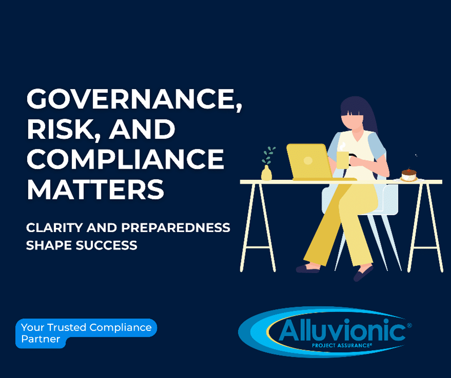 A graphic with a woman at a laptop on her desk. Words say Governance, Risk, and Compliance Matters.