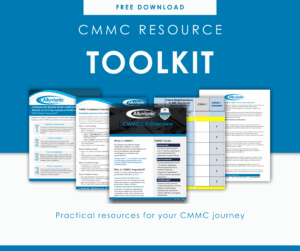 A promotional graphic showcasing Alluvionic’s free CMMC Resource Toolkit, featuring checklists, guides, and worksheets designed to support Department of Defense contractors on their cybersecurity compliance journey.