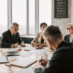 Business professionals in formal attire sitting around a conference table, reviewing documents and charts during a strategic planning meeting in a modern office with large windows.